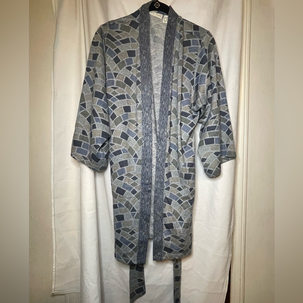 NWOT The Muses Lounge Blue Gray Printed Mosaic Tile Tie Robe Cardigan Size XXS